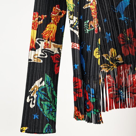 Pleats Please Issey Miyake Hawaii Motif Black Fringe-Hem Cardigan, Size XL - Picture 5 of 9